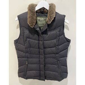 Eddie Bauer Goose Down‎ Vest Womens M Medium Black Zip Up Puffer Faux Fur Collar